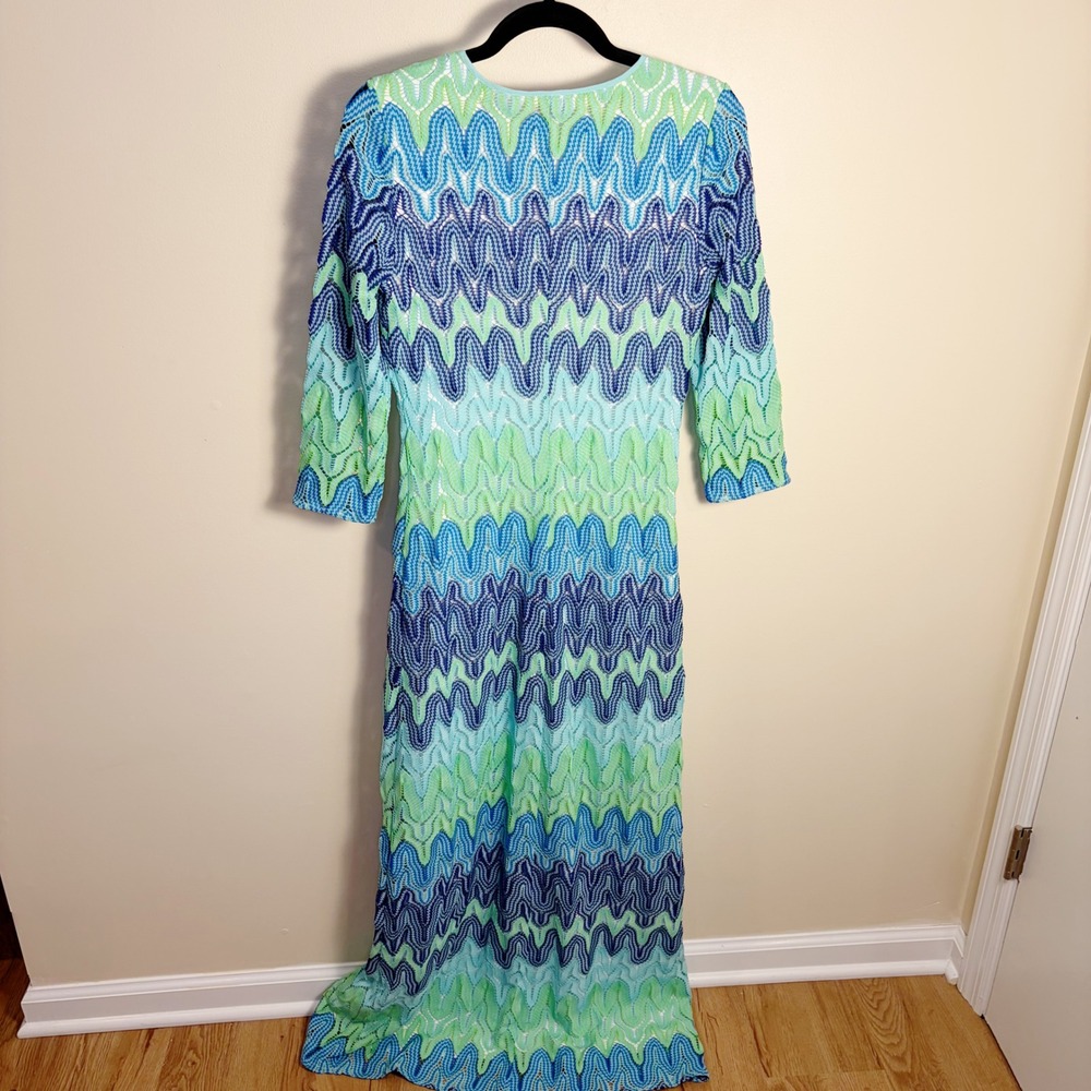 Lilly Pulitzer Dress S Blue Green Chevron Crochet Lace Maxi 3/4 Sleeve V-Neck - Picture 6 of 8